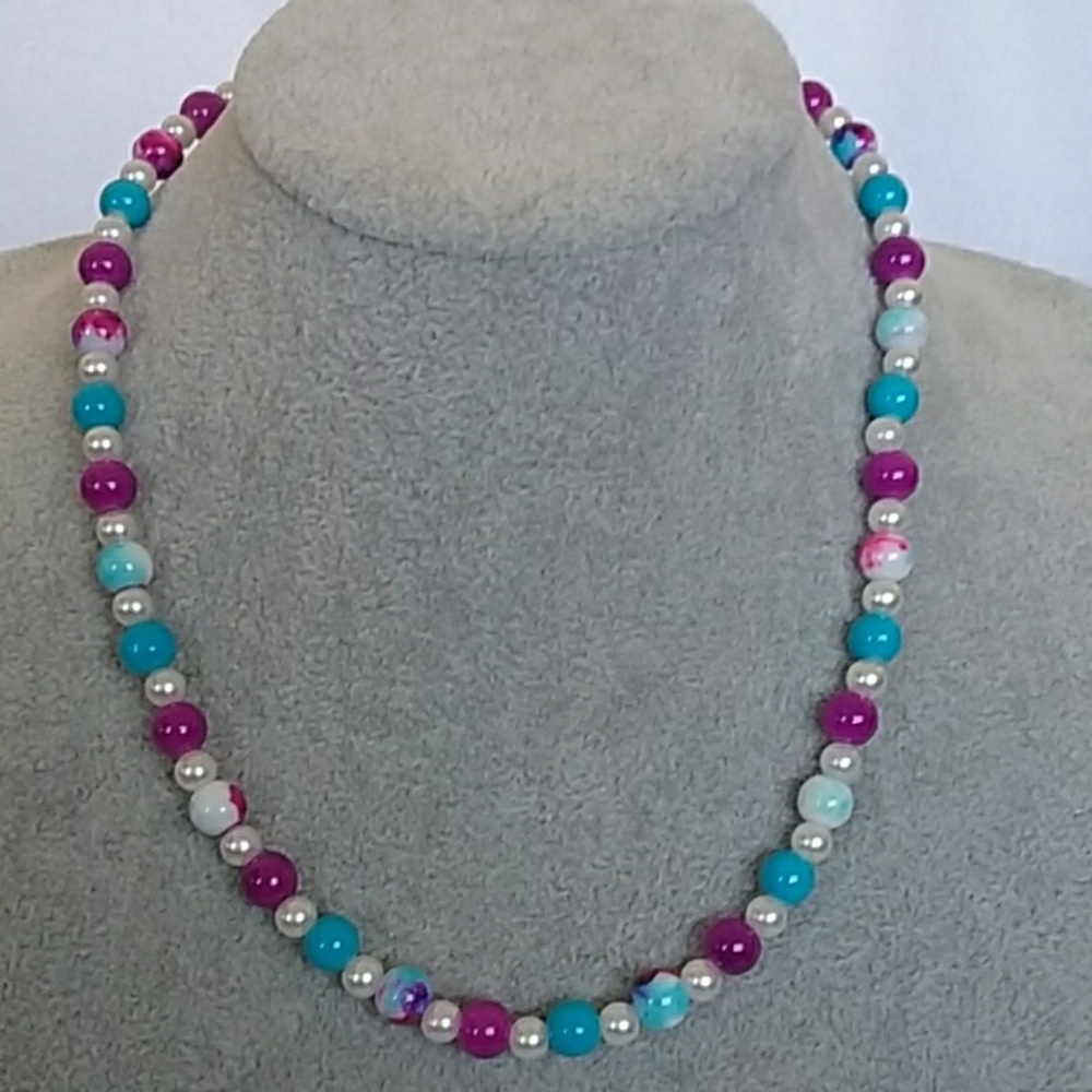 Blue, white, purple tie dye beaded necklace
